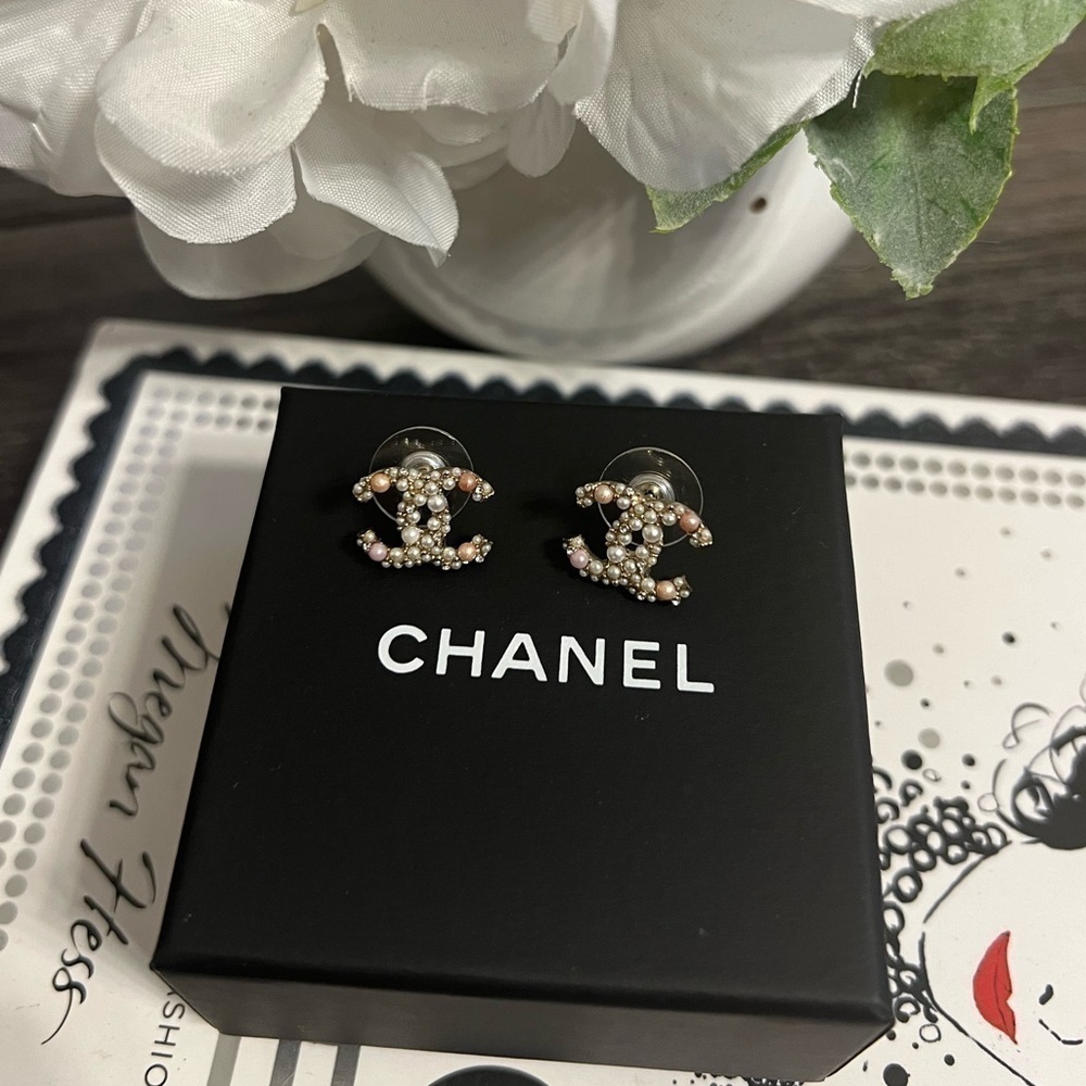 Chanel Gold CC Pink White Pearl & Crystal CC Stud Earrings